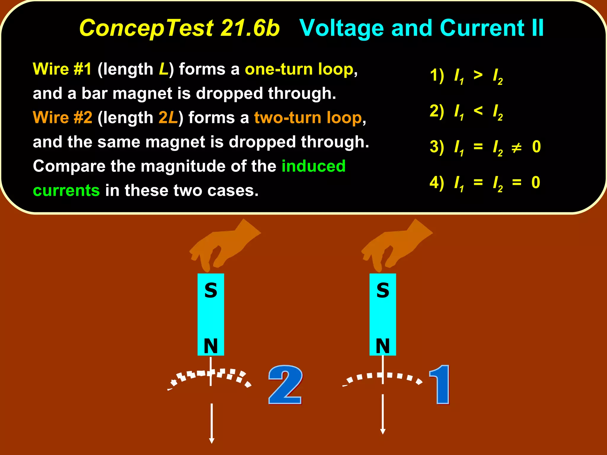 ConcepTest 21.6b  Voltage and Current II Wire #1  (length  L ) forms a  one-turn loop , and a bar magnet is dropped through.  Wire #2  (length  2 L ) forms a  two-turn loop , and the same magnet is dropped through.  Compare the magnitude of the  induced currents  in these two cases.  1)  I 1   >  I 2   2)  I 1   <  I 2   3)  I 1   =  I 2      0 4)  I 1   =  I 2   =  0 N S N S 1 2 