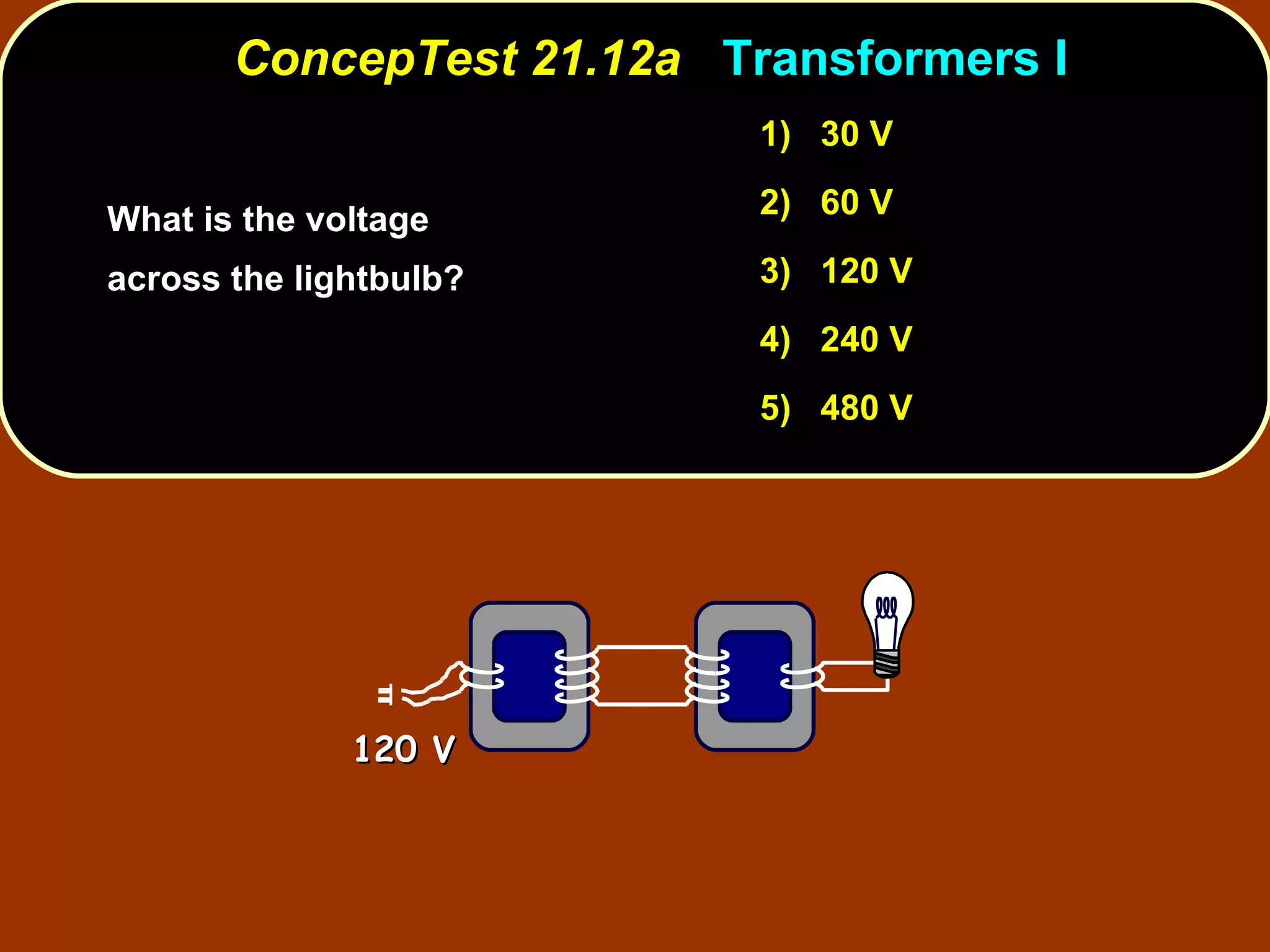 What is the voltage across the lightbulb?  ConcepTest 21.12a  Transformers I 1)  30 V 2)  60 V 3)  120 V 4)  240 V 5)  480 V 120 V 