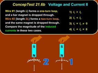 ConcepTest 21.6b  Voltage and Current II Wire #1  (length  L ) forms a  one-turn loop , and a bar magnet is dropped through.  Wire #2  (length  2 L ) forms a  two-turn loop , and the same magnet is dropped through.  Compare the magnitude of the  induced currents  in these two cases.  1)  I 1   >  I 2   2)  I 1   <  I 2   3)  I 1   =  I 2      0 4)  I 1   =  I 2   =  0 N S N S 1 2 