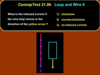 What is the induced current if the wire loop moves in the direction of the  yellow arrow  ? ConcepTest 21.8b  Loop and Wire II 1)  clockwise 2)  counterclockwise 3)  no induced current I 