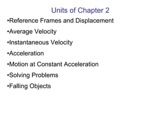 Units of Chapter 2 Reference Frames and Displacement Average Velocity Instantaneous Velocity Acceleration Motion at Constant Acceleration Solving Problems Falling Objects 