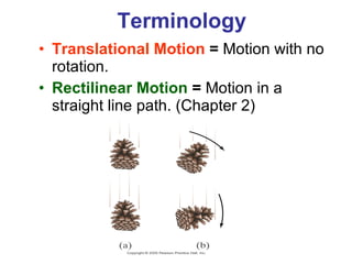 Terminology   Translational Motion  =  Motion with no rotation. Rectilinear Motion  =  Motion in a straight line path. (Chapter 2) 