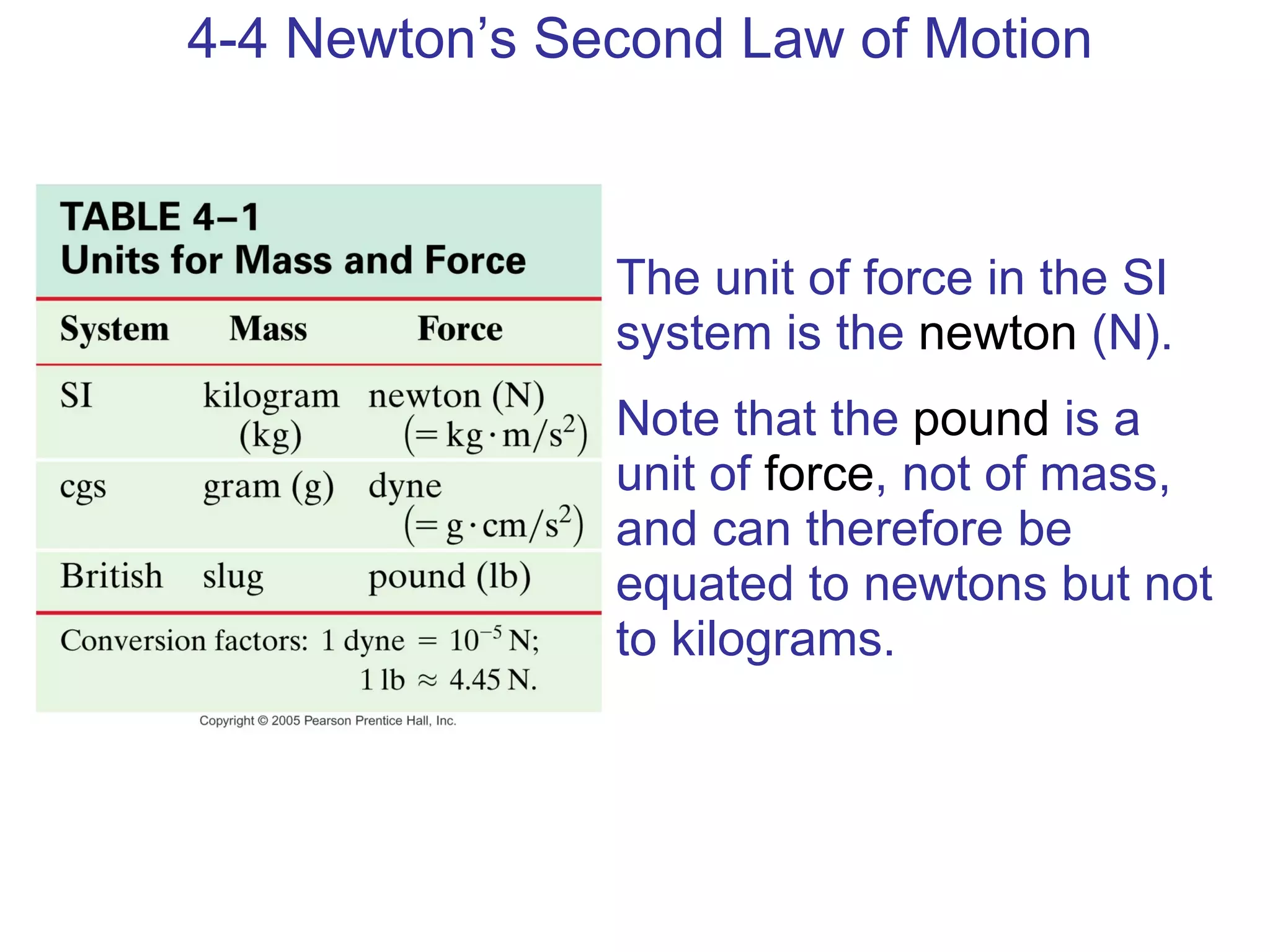 4-4 Newton’s Second Law of Motion The unit of force in the SI system is the  newton  (N). Note that the  pound  is a unit of  force , not of mass, and can therefore be equated to newtons but not to kilograms. 