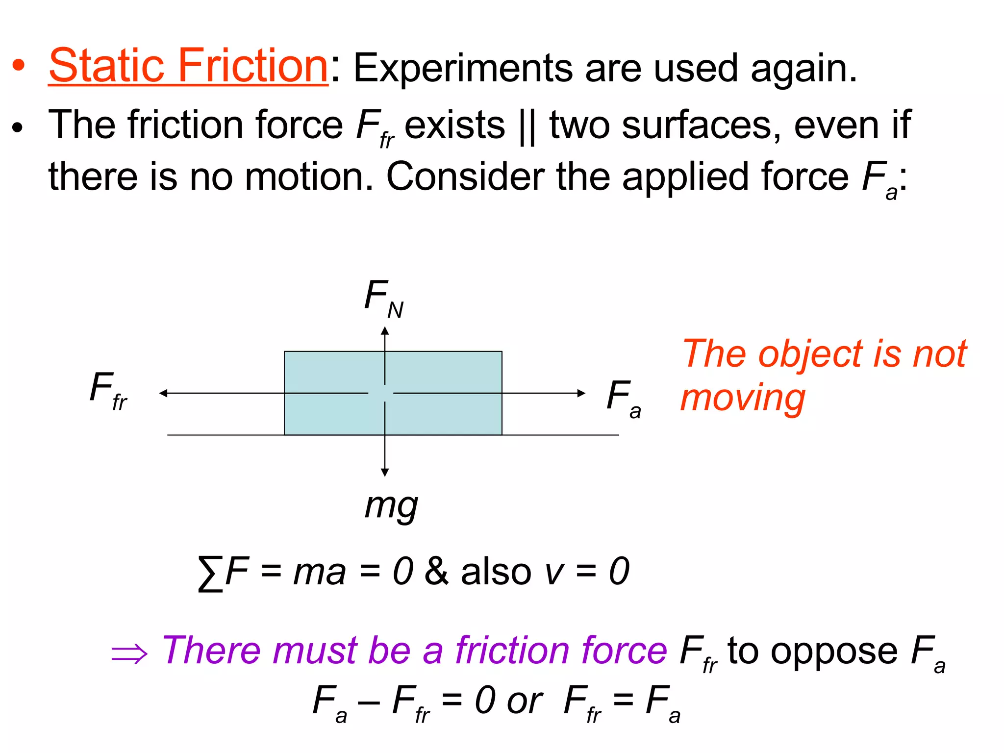 Static Friction :  Experiments are used again.  The friction force  F fr  exists || two surfaces, even if there is no motion. Consider the applied force  F a :    There must be a friction force   F fr  to oppose  F a   F a  – F fr  = 0 or  F fr  = F a   F a F fr F N mg The object is not moving ∑ F = ma = 0  & also  v = 0   