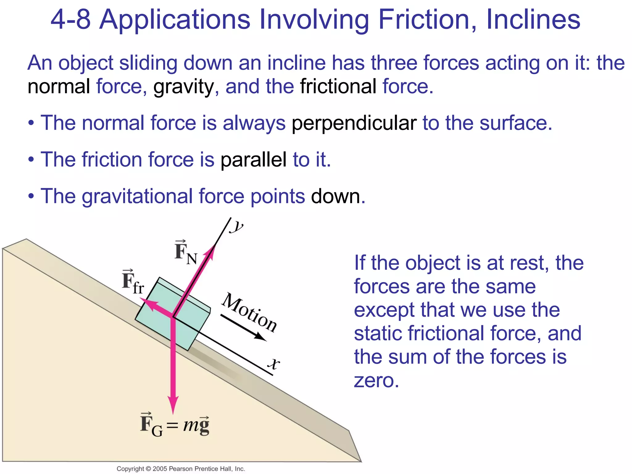 4-8 Applications Involving Friction, Inclines An object sliding down an incline has three forces acting on it: the  normal  force,  gravity , and the  frictional  force. The normal force is always  perpendicular  to the surface.  The friction force is  parallel  to it.  The gravitational force points  down . If the object is at rest, the forces are the same except that we use the static frictional force, and the sum of the forces is zero. 