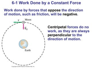 6-1 Work Done by a Constant Force Work done by forces that  oppose  the direction of motion, such as friction, will be  negative . Centripetal  forces do no work, as they are always  perpendicular  to the direction of motion. 
