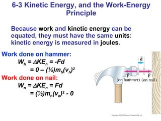 6-3 Kinetic Energy, and the Work-Energy Principle Because  work  and  kinetic energy  can be equated, they must have the same  units : kinetic energy is measured in  joules . Work done on hammer: W h  =   KE h  = -Fd   = 0 – (½)m h (v h ) 2   Work done on nail: W n  =   KE n  = Fd   = (½)m n (v n ) 2  - 0 