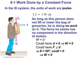 6-1 Work Done by a Constant Force In the SI system, the units of work are  joules : As long as this person does not lift or lower the bag of groceries, he is doing  no work  on it. The force he exerts has no component in the direction of motion. W = 0: Could have  d = 0    W = 0 Could have  F    d      θ  = 90º, cos θ  = 0     W = 0 