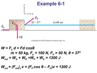 W = F ||  d = Fd cos θ m = 50 kg, F p  = 100 N, F fr  = 50 N,  θ  = 37º W net  = W G  + W N  +W P  + W fr  = 1200 J W net  = (F net ) x  x = (F P  cos  θ  – F fr )x = 1200 J Example 6-1 