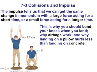 7-3 Collisions and Impulse The  impulse  tells us that we can get the same  change  in momentum with a  large  force acting for a  short  time, or a  small  force acting for a  longer  time.  This is why you should  bend  your knees when you land; why  airbags  work; and why landing on a  pillow  hurts less than landing on  concrete . 