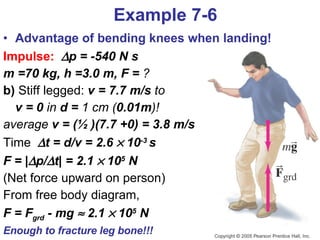 Advantage of bending knees when landing!  Impulse:    p = -540 N s m =70 kg, h =3.0 m, F =  ? b)  Stiff legged:   v = 7.7 m/s  to  v = 0  in  d =  1 cm ( 0.01m )! average  v = (½ )(7.7 +0) = 3.8 m/s Time    t = d/v = 2.6    10 -3  s F = |  p/  t| = 2.1    10 5  N  (Net force upward on person) From free body diagram,  F = F grd  - mg    2.1    10 5  N   Enough to fracture leg bone!!! Example 7-6 