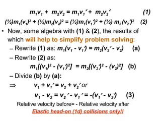   m 1 v 1  +  m 2 v 2  = m 1 v 1   +  m 2 v 2    (1)   (½)m 1 (v 1 ) 2  + (½)m 2 (v 2 ) 2  = (½)m 1 (v 1  ) 2  + (½) m 2  (v 2  ) 2   (2) Now, some algebra with  (1)  &  (2 ), the results of  which  will help to simplify problem solving : Rewrite  (1)  as:  m 1 (v 1  - v 1  ) = m 2 (v 2   - v 2 )   (a) Rewrite  (2)  as:   m 1 [(v 1 ) 2  - (v 1  ) 2 ]  = m 2 [(v 2  ) 2  - (v 2 ) 2 ]   (b) Divide  (b)  by  (a):    v 1  + v 1   = v 2  + v 2   or    v 1  - v 2  = v 2    - v 1    = -(v 1   - v 2  )   (3) Relative velocity before= - Relative velocity after   Elastic head-on (1d) collisions only!! 