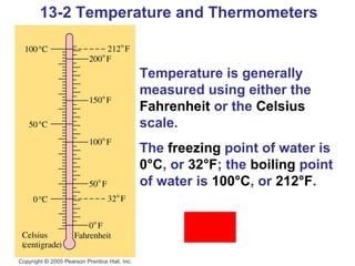 13-2 Temperature and Thermometers


           Temperature is generally
           measured using either the
           Fahrenheit or the Celsius
           scale.
           The freezing point of water is
           0°C, or 32°F; the boiling point
           of water is 100°C, or 212°F.
 