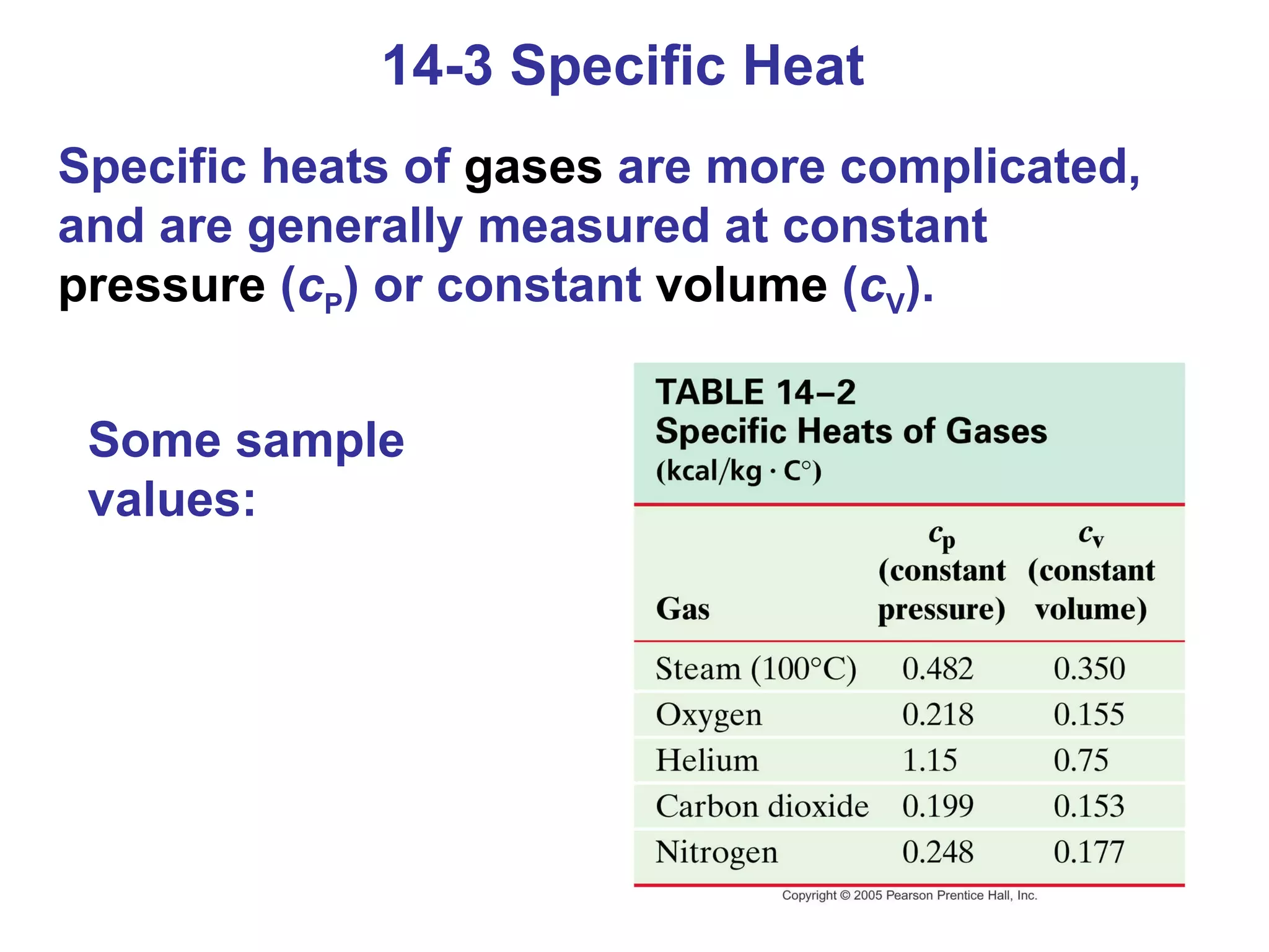 14-3 Specific Heat Specific heats of  gases  are more complicated, and are generally measured at constant  pressure  ( c P ) or constant  volume  ( c V ). Some sample values: 