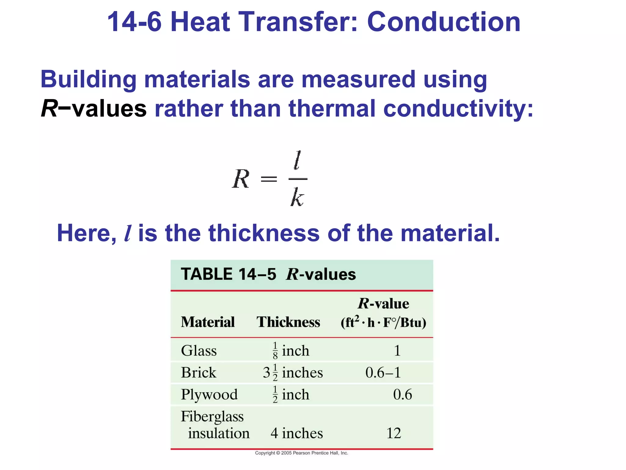 14-6 Heat Transfer: Conduction Building materials are measured using  R − values  rather than thermal conductivity: Here,  l  is the thickness of the material. 