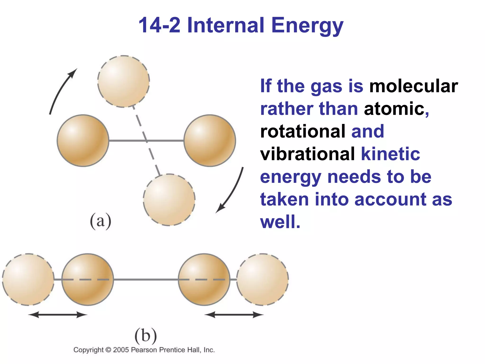 14-2 Internal Energy If the gas is  molecular  rather than  atomic ,  rotational  and  vibrational  kinetic energy needs to be taken into account as well. 