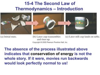 15-4 The Second Law of Thermodynamics – Introduction  The absence of the process illustrated above indicates that  conservation of energy  is not the whole story. If it were, movies run backwards would look perfectly normal to us! 
