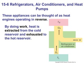15-6 Refrigerators, Air Conditioners, and Heat Pumps These appliances can be thought of as heat engines operating in  reverse . By doing  work , heat is  extracted  from the cold reservoir and  exhausted  to the hot reservoir.  