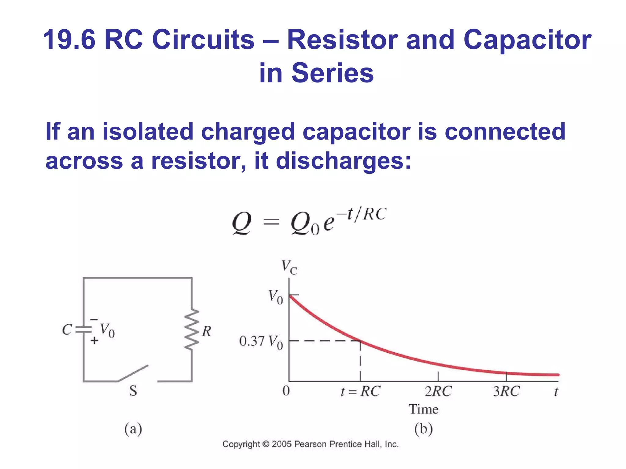 19.6 RC Circuits – Resistor and Capacitor in Series If an isolated charged capacitor is connected across a resistor, it discharges: 