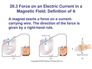 20.3 Force on an Electric Current in a Magnetic Field; Definition of  B A magnet exerts a force on a current-carrying wire. The direction of the force is given by a right-hand rule. 