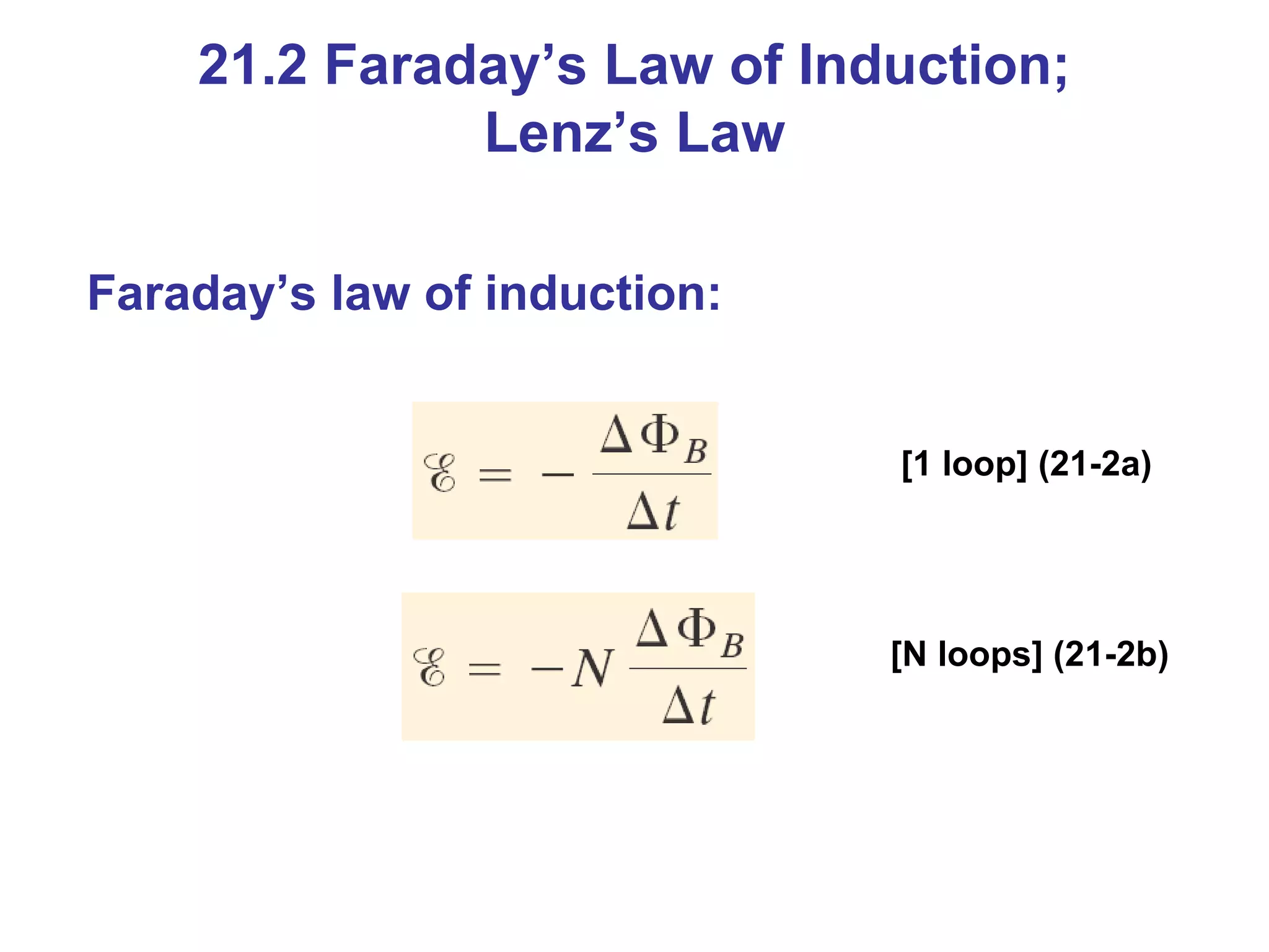 Faraday’s law of induction: [1 loop] (21-2a) [N loops] (21-2b) 21.2 Faraday’s Law of Induction; Lenz’s Law 