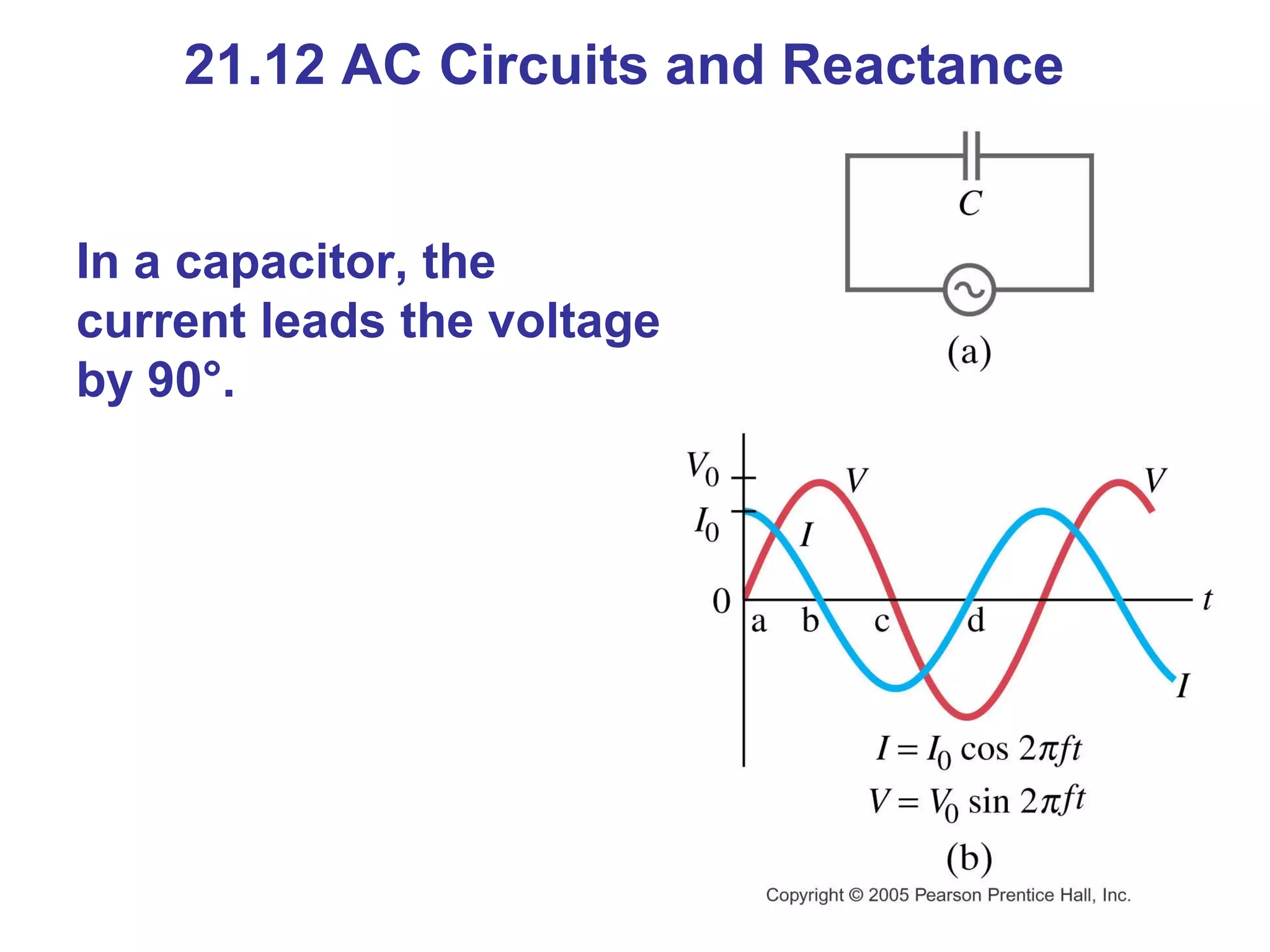 21.12 AC Circuits and Reactance In a capacitor, the current leads the voltage by 90 °. 