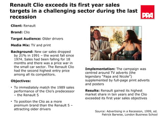 Renault Clio exceeds its first year sales targets in a challenging sector during the last recession Client:  Renault Brand:  Clio Target Audience:  Older drivers Media Mix:  TV and print Background:  New car sales dropped by 21% in 1991 – the worst fall since 1974. Sales had been falling for 18 months and there was a price war in the small car sector. The Renault Clio had the second highest entry price among all its competitors.  Objectives:   To immediately match the 1989 sales performance of the Clio’s predecessor – the Renault 5 To position the Clio as a more premium brand than the Renault 5 – attracting older drivers Implementation:  The campaign was centred around TV adverts (the legendary “Papa and Nicole”) supplemented by full-page print adverts and posters Results:  Renault gained its highest market share in ten years and the Clio exceeded its first year sales objectives Source: Advertising in a Recession, 1999, ed. Patrick Barwise, London Business School 