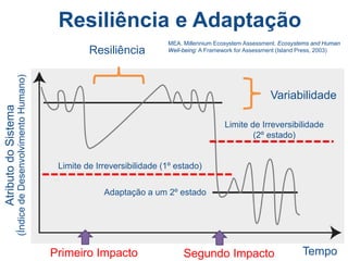 Resiliência e Adaptação
AtributodoSistema
(ÍndicedeDesenvolvimentoHumano)
Resiliência
TempoPrimeiro Impacto Segundo Impacto
Variabilidade
Limite de Irreversibilidade (1º estado)
Limite de Irreversibilidade
(2º estado)
Adaptação a um 2º estado
MEA. Millennium Ecosystem Assessment. Ecosystems and Human
Well-being: A Framework for Assessment (Island Press, 2003)
 