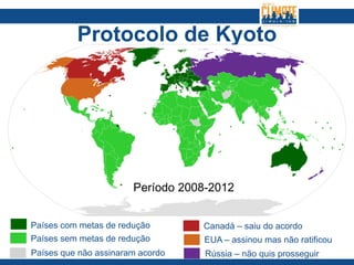 Protocolo de Kyoto
Período 2008-2012
Países com metas de redução
Países sem metas de redução
Países que não assinaram acordo
Canadá – saiu do acordo
EUA – assinou mas não ratificou
Rússia – não quis prosseguir
 