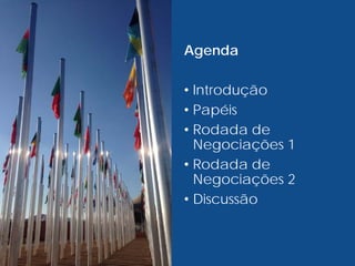 Agenda
• Introdução
• Papéis
• Rodada de
Negociações 1
• Rodada de
Negociações 2
• Discussão
 