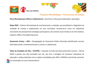Proposta Metodológica - Ferramentas de Gestão
Plano Municipal para Infância e Adolescência – Guia Passo a Passo para elaboração e aprovação;
Mapa PPAC – Sistema informatizado de monitoramento e avaliação, que possibilitará o diagnóstico da
realidade de crianças e adolescentes em seus municípios. Caracteriza-se como um importante
instrumento de planejamento estratégico participativo e de controle social. Divide-se em três módulos:
Cadastro, PMIA e Prioridades Nacionais
Orçamento Criança – OCA – Desagregação do Orçamento Público Municipal identificando recursos
destinados direta e indiretamente para a criança e o adolescente.
Índice de Condições de Vida – ICV/PPAC – Inspirado no Índice de Desenvolvimento Humano - IDH do
PNUD e guarda uma alta correlação com ele, mas tem a vantagem de incorporar indicadores de
educação e saúde produzidos com os dados consolidados pelo INEP e DATASUS, permitindo, portanto,
sua atualização nos anos intercensitários.
 