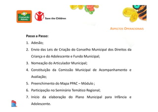 Passo a Passo:
1. Adesão;
2. Envio das Leis de Criação do Conselho Municipal dos Direitos da
Criança e do Adolescente e Fundo Municipal;
3. Nomeação do Articulador Municipal;
4. Constituição da Comissão Municipal de Acompanhamento e
Avaliação;
5. Preenchimento do Mapa PPAC – Módulo ;
6. Participação no Seminário Temático Regional;
7. Início da elaboração do Plano Municipal para Infância e
Adolescente.
ASPECTOS OPERACIONAIS
 