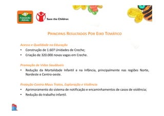 PRINCIPAIS RESULTADOS POR EIXO TEMÁTICO
Acesso e Qualidade na Educação
• Construção de 1.607 Unidades de Creche;
• Criação de 320.000 novas vagas em Creche.
Promoção de Vidas Saudáveis
• Redução da Mortalidade Infantil e na Infância, principalmente nas regiões Norte,
Nordeste e Centro-oeste.
Proteção Contra Maus Tratos, Exploração e Violência
• Aprimoramento do sistema de notificação e encaminhamentos de casos de violência;
• Redução do trabalho infantil.
 