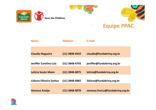 Equipe PPAC
Nome Telefone E-mail
Claudia Nogueira (11) 3848-4910 claudia@fundabrinq.org.br
Jeniffer Caroline Luiz (11) 3848-4793 jeniffer@fundabrinq.org.br
Leticia Souto Maior (11) 3848-4875 leticia@fundabrinq.org.br
Lidiane Oliveira Santos (11) 3848-4882 lidiane@fundabrinq.org.br
Vanessa Araújo (11) 3848-4878 vanessa.franca@fundabrinq.org.br
 
