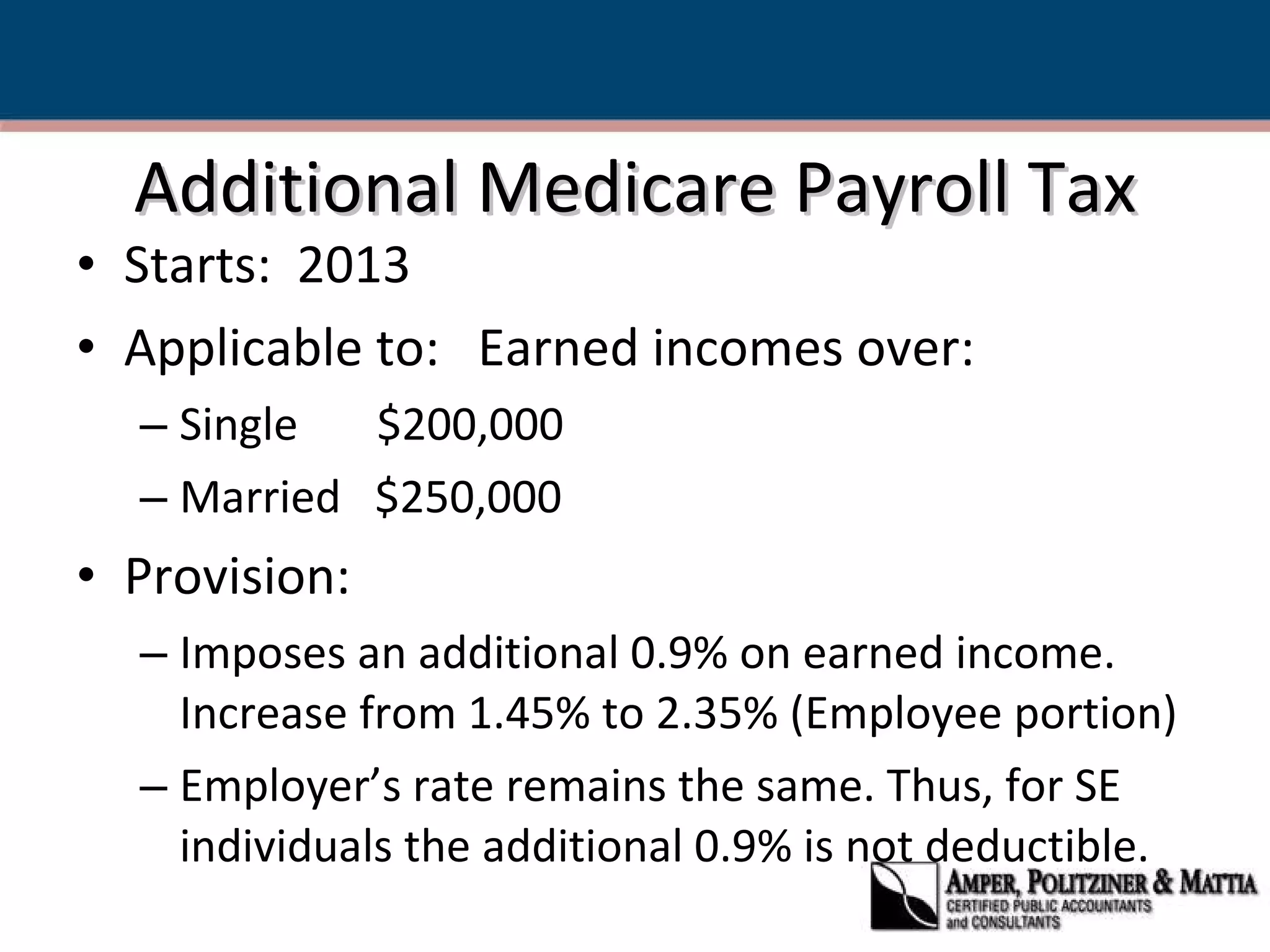 Additional Medicare Payroll Tax Starts:  2013 Applicable to:  Earned incomes over: Single  $200,000 Married  $250,000 Provision: Imposes an additional 0.9% on earned income. Increase from 1.45% to 2.35% (Employee portion) Employer’s rate remains the same. Thus, for SE individuals the additional 0.9% is not deductible. 