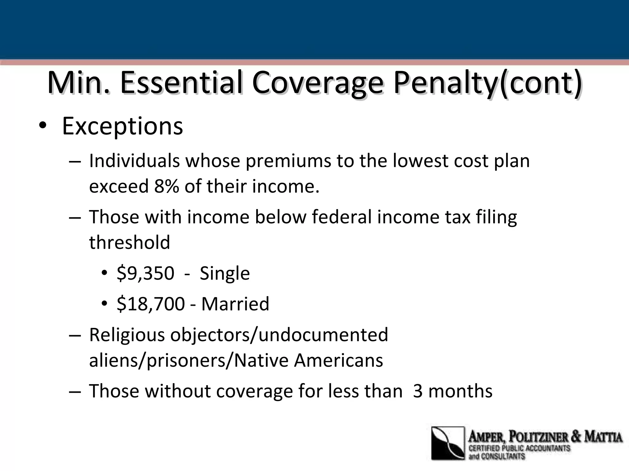 Min. Essential Coverage Penalty(cont) Exceptions Individuals whose premiums to the lowest cost plan exceed 8% of their income. Those with income below federal income tax filing threshold $9,350  -  Single $18,700 - Married Religious objectors/undocumented aliens/prisoners/Native Americans Those without coverage for less than  3 months 