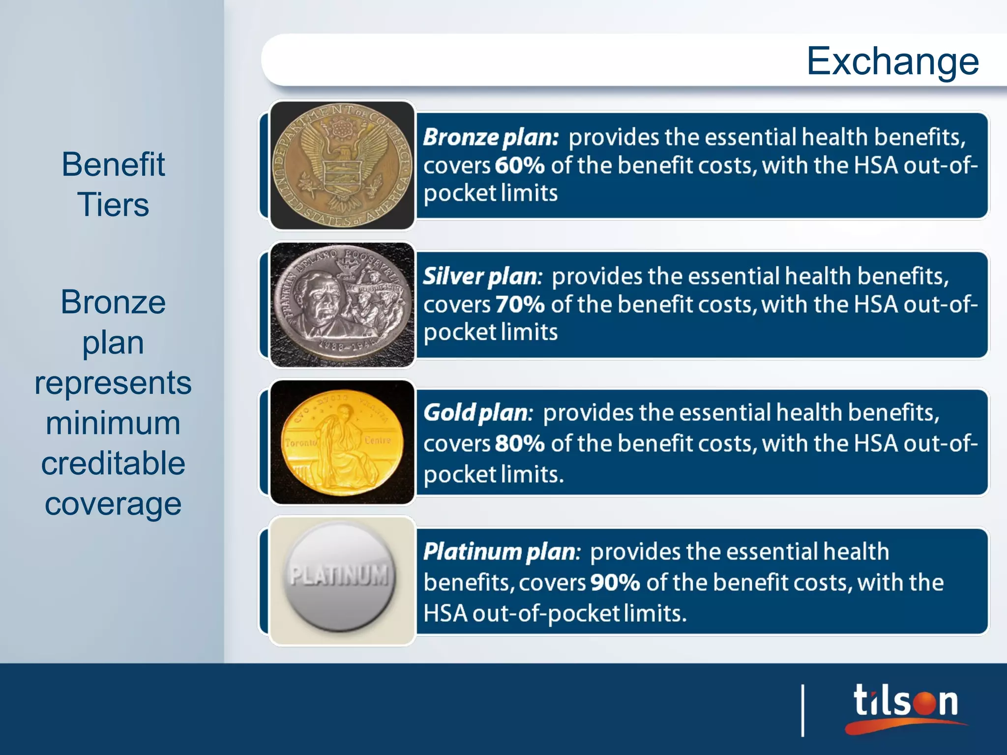 Exchange

 Benefit
  Tiers

  Bronze
    plan
represents
 minimum
 creditable
 coverage
 
