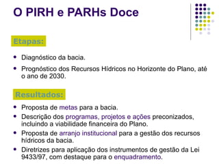 O PIRH e PARHs Doce Diagnóstico da bacia. Prognóstico dos Recursos Hídricos no Horizonte do Plano, até o ano de 2030. Etapas: Resultados: Proposta de  metas  para a bacia. Descrição dos  programas, projetos e ações  preconizados, incluindo a viabilidade financeira do Plano. Proposta de  arranjo institucional  para a gestão dos recursos hídricos da bacia. Diretrizes para aplicação dos instrumentos de gestão da Lei 9433/97, com destaque para o  enquadramento . 