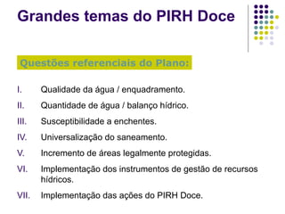 Grandes temas do PIRH Doce Qualidade da água / enquadramento. Quantidade de água / balanço hídrico. Susceptibilidade a enchentes. Universalização do saneamento. Incremento de áreas legalmente protegidas. Implementação dos instrumentos de gestão de recursos hídricos. Implementação das ações do PIRH Doce. Questões referenciais do Plano: 