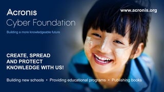 23Proprietary and Confidential © 2019Dual headquarters
in Switzerland and Singapore
www.acronis.org
Building new schools • Providing educational programs • Publishing books
CREATE, SPREAD
AND PROTECT
KNOWLEDGE WITH US!
Building a more knowledgeable future
 