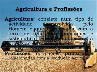 Agricultura e Profissões Agricultura:   consiste num tipo de actividade desenvolvida pelo Homem e que o relaciona com a terra de uma forma metódica e sistemática, tendo como objectivo a produção de alimentos. Profissões:  ocupações profis sionais relacionadas com a produção agrícola. 