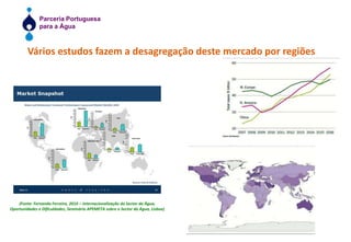 Vários estudos fazem a desagregação deste mercado por regiões(Fonte: Fernando Ferreira, 2010 – Internacionalização do Sector da Água,Oportunidades e Dificuldades, Seminário APEMETA sobre o Sector da Água, Lisboa)