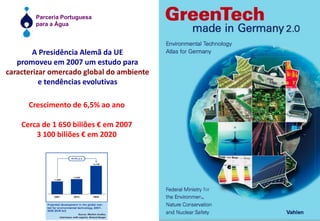 A Presidência Alemã da UEpromoveu em 2007 um estudo para caracterizar omercado global do ambiente e tendências evolutivasCrescimento de 6,5% ao anoCerca de 1 650 biliões € em 20073 100 biliões € em 2020