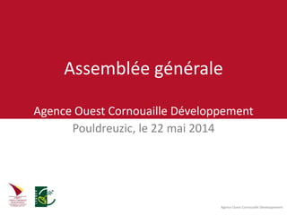 Agence Ouest Cornouaille Développement
Assemblée générale
Agence Ouest Cornouaille Développement
Pouldreuzic, le 22 mai 2014
 