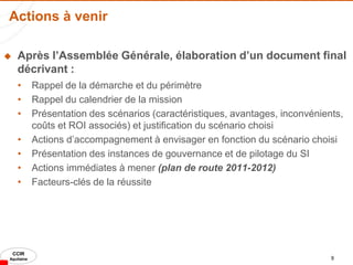 Actions à venir

    Après l’Assemblée Générale, élaboration d’un document final
     décrivant :
     •      Rappel de la démarche et du périmètre
     •      Rappel du calendrier de la mission
     •      Présentation des scénarios (caractéristiques, avantages, inconvénients,
            coûts et ROI associés) et justification du scénario choisi
     •      Actions d’accompagnement à envisager en fonction du scénario choisi
     •      Présentation des instances de gouvernance et de pilotage du SI
     •      Actions immédiates à mener (plan de route 2011-2012)
     •      Facteurs-clés de la réussite




    CCIR
Aquitaine                                                                       9
 