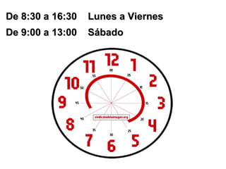 De 8:30 a 16:30  Lunes a Viernes De 9:00 a 13:00  Sábado 