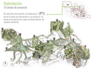 15 áreas de proyecto
Delimitación
En esta fase del proyecto, se selecciona 1 (P1)
de las 5 áreas de intervención y se divide en 15
áreas de proyecto las cuales se desarrollaron de
carácter individual
 