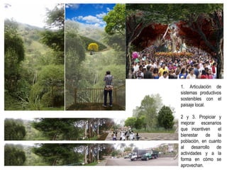1. Articulación de
sistemas productivos
sostenibles con el
paisaje local.
2 y 3. Propiciar y
mejorar escenarios
que incentiven el
bienestar de la
población, en cuanto
al desarrollo de
actividades y a la
forma en cómo se
aprovechan.
 