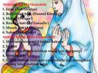 Akhlak Baik (Al-Hamidah)
1. Jujur (Ash-Shidqu)
2. Berprilaku baik (Husnul Khuluqi)
3. Malu (Al-Haya')
4. Rendah hati (At-Tawadlu')
5. Murah hati (Al-Hilmu)
6. Sabar (Ash-Shobr)
Akhlak Buruk (Adz-Dzamimah)
1. Mencuri/mengambil bukan haknya
2. Iri hati
3. Membicarakan kejelekan orang lain (bergosip)
4. Membunuh
5. Segala bentuk tindakan yang tercela dan merugikan
    orang lain ( mahluk lain)
 