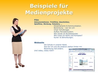 Beispiele für
Medienprojekte
  Film
  Dokumentationen, Trickfilme, Geschichten,
  Spielfilme, Werbung, Fotostory, …
                         Körpersprache & Kommunikation.
                         Bewerbung – wer bin ich!
                         Unser Schulknigge.
                         Aufbau Periodensystem.
                         Wie werde ich Bundeskanzler.
                         Wie nutze ich Karte und Kompass?
                         Kunst- & Stilrichtungen.


  Webseite
              Die Schule in unserer Hand.
              Das bin ich und die anderen stehen hinter mir.
              Bewerbung mal anders.
  Und vieles, vieles mehr!
 